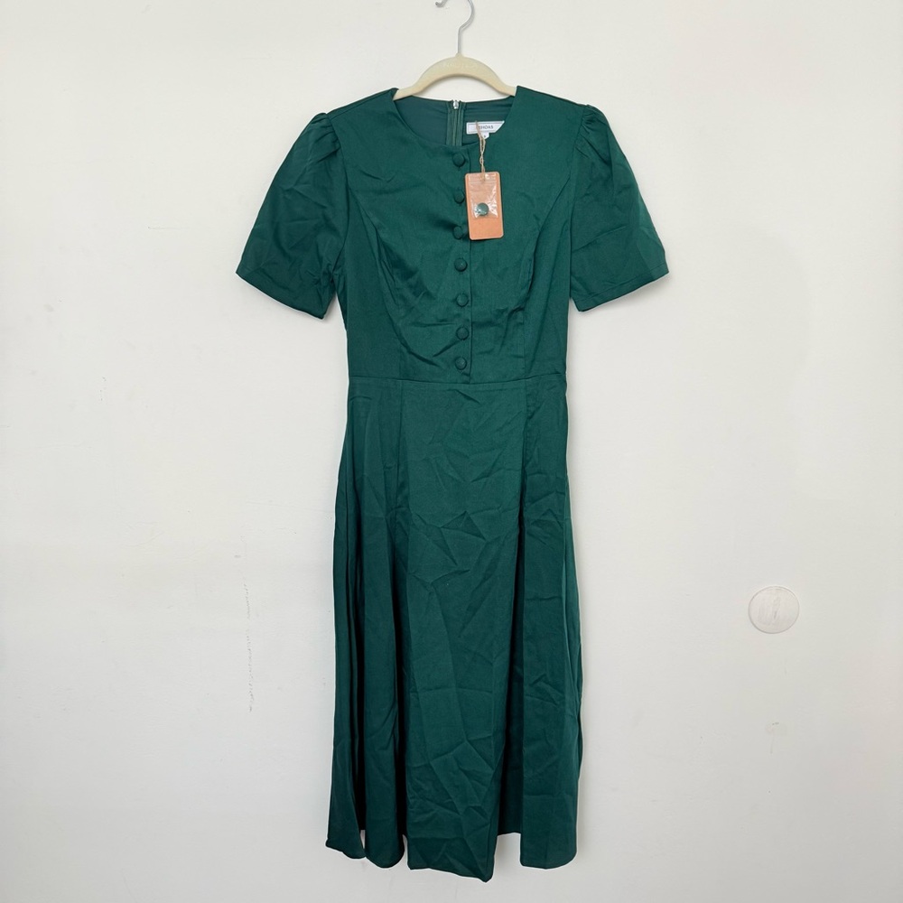Rihoas Green Puffed Sleeve Button Midi Dress - Picture 6 of 8